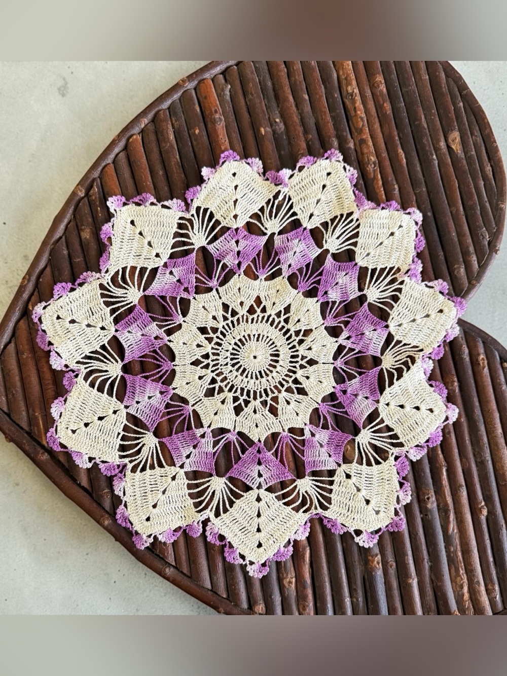 Vintage Large Lace Crochet Doily – Ombre Purple & Cream Starburst Topper
